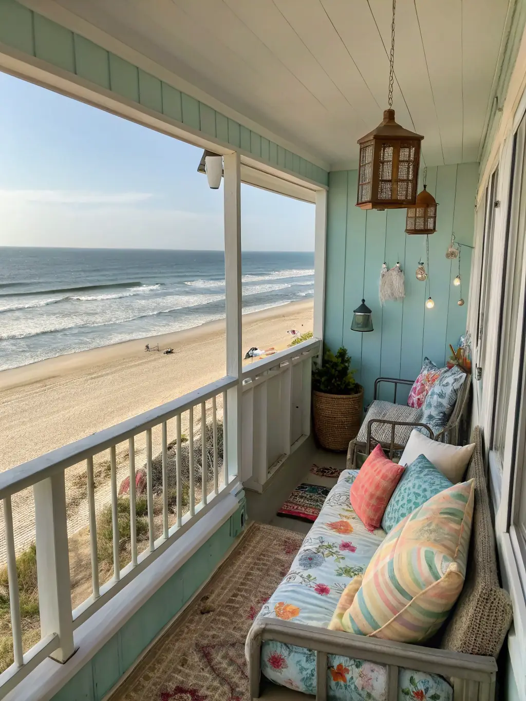 A cozy beachfront condo with a balcony overlooking the ocean, perfect for a relaxing rental experience in Florida.