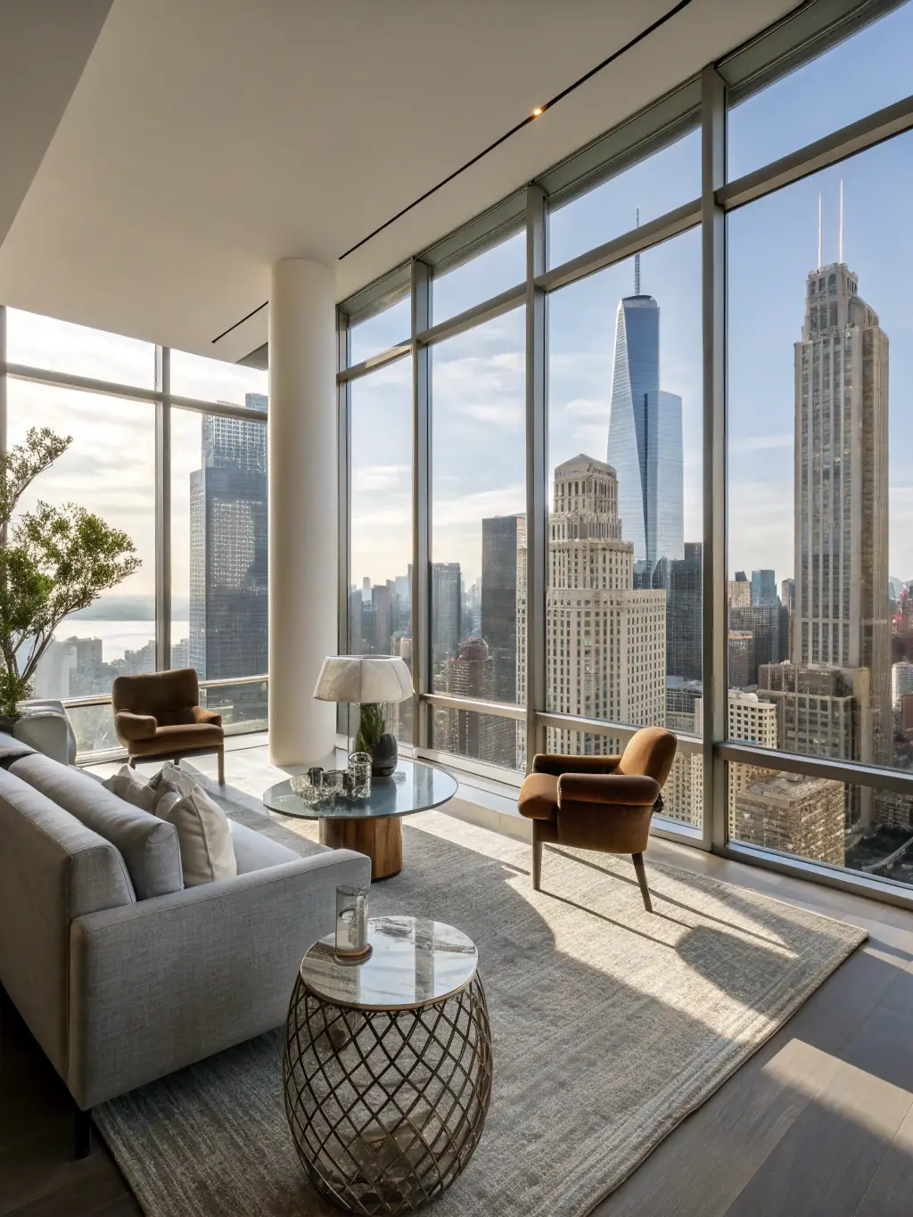 A modern apartment interior with sleek furniture and large windows overlooking a vibrant Miami cityscape, showcasing a luxurious rental option.